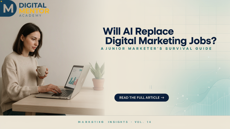 Woman analyzing marketing data on laptop illustrating will AI replace digital marketing jobs